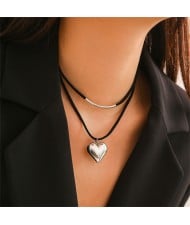 Business Style Black Rope with Peach Heart Pendant Wholesale Fashion Office Lady Choker Necklace - Silver