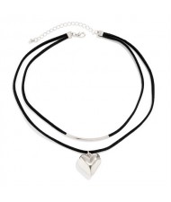 Business Style Black Rope with Peach Heart Pendant Wholesale Fashion Office Lady Choker Necklace - Silver