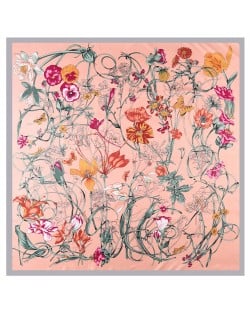 130*130 cm Spring Element Insect Plant Flower Pattern Fashion Women Shawl Square Scarf - Pink
