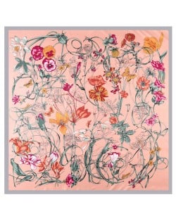 130*130 cm Spring Element Insect Plant Flower Pattern Fashion Women Shawl Square Scarf - Pink