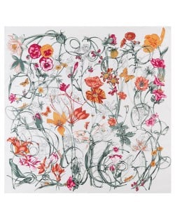 130*130 cm Spring Element Insect Plant Flower Pattern Fashion Women Shawl Square Scarf - White