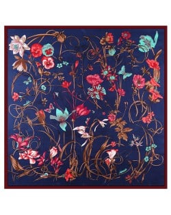 130*130 cm Spring Element Insect Plant Flower Pattern Fashion Women Shawl Square Scarf - Ink Blue