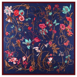 130*130 cm Spring Element Insect Plant Flower Pattern Fashion Women Shawl Square Scarf - Ink Blue