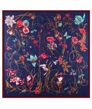 130*130 cm Spring Element Insect Plant Flower Pattern Fashion Women Shawl Square Scarf - Ink Blue