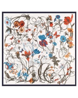 130*130 cm Spring Element Insect Plant Flower Pattern Fashion Women Shawl Square Scarf - White with Blue Flower