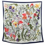 130*130 cm Spring Element Insect Plant Flower Pattern Fashion Women Shawl Square Scarf - Light Blue