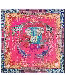 130*130 cm Forest Animal Element Leaf Flower Elephant Giraffe Pattern Fashion Women Shawl Square Scarf - Rose