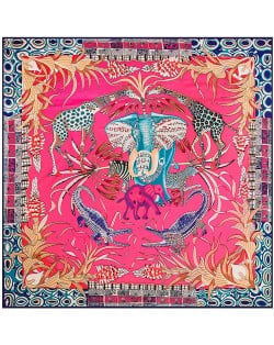 130*130 cm Forest Animal Element Leaf Flower Elephant Giraffe Pattern Fashion Women Shawl Square Scarf - Rose