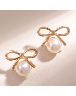 Pearl Fashion Elegant Korean Bowknot Wholesale Women Stud Earrings - Golden