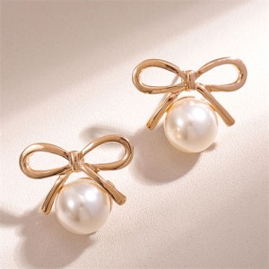 Pearl Fashion Elegant Korean Bowknot Wholesale Women Stud Earrings - Golden