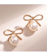 Pearl Fashion Elegant Korean Bowknot Wholesale Women Stud Earrings - Golden