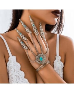 Popular Gothic Style Blue Turquoise Decorated Hollow-out Fashionable Wholesale Nail Chain Finger Bracelet - Silver