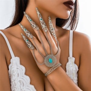 Popular Gothic Style Blue Turquoise Decorated Hollow-out Fashionable Wholesale Nail Chain Finger Bracelet - Silver