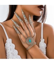 Popular Gothic Style Blue Turquoise Decorated Hollow-out Fashionable Wholesale Nail Chain Finger Bracelet - Silver