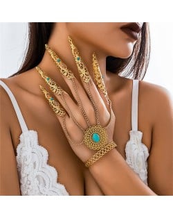 Popular Gothic Style Blue Turquoise Decorated Hollow-out Fashionable Wholesale Nail Chain Finger Bracelet - Golden