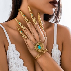 Popular Gothic Style Blue Turquoise Decorated Hollow-out Fashionable Wholesale Nail Chain Finger Bracelet - Golden