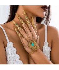 Popular Gothic Style Blue Turquoise Decorated Hollow-out Fashionable Wholesale Nail Chain Finger Bracelet - Golden