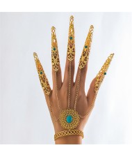 Popular Gothic Style Blue Turquoise Decorated Hollow-out Fashionable Wholesale Nail Chain Finger Bracelet - Golden