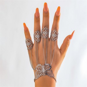 Popular Gothic Style Hollow-out Butterfly Fashionable Wholesale Finger Chain Bracelet - Silver