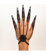 Popular Gothic Style Hollow-out Fashionable Wholesale Women Metal Nail Cover Chain Finger Bracelet - Black