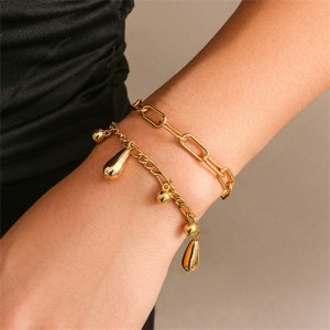 Hip-hop Style Water Drop Pendants Fashionable Wholesale Women Golden Alloy Two Layers Bracelet
