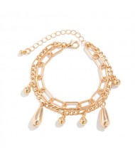 Hip-hop Style Water Drop Pendants Fashionable Wholesale Women Golden Alloy Two Layers Bracelet