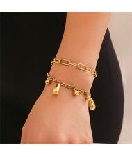 Hip-hop Style Water Drop Pendants Fashionable Wholesale Women Golden Alloy Two Layers Bracelet