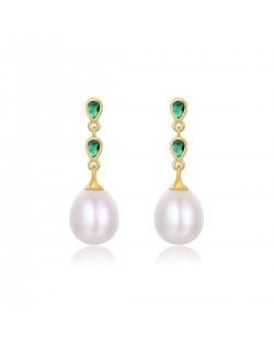 Natural Pearl Dangle Green Cubic Zirconia Wholesale Fashion 925 Sterling Silver Earrings