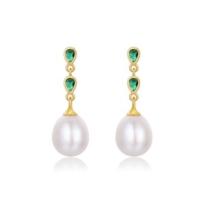 Natural Pearl Dangle Green Cubic Zirconia Wholesale Fashion 925 Sterling Silver Earrings