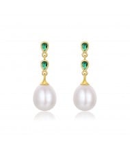 Natural Pearl Dangle Green Cubic Zirconia Wholesale Fashion 925 Sterling Silver Earrings