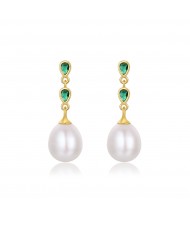 Natural Pearl Dangle Green Cubic Zirconia Wholesale Fashion 925 Sterling Silver Earrings