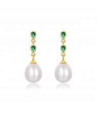 Natural Pearl Dangle Green Cubic Zirconia Wholesale Fashion 925 Sterling Silver Earrings