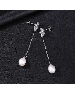 Fine Jewelry Long Style Natural Pearl Dangle Cubic Zirconia Wholesale Fashion 925 Sterling Silver Earrings