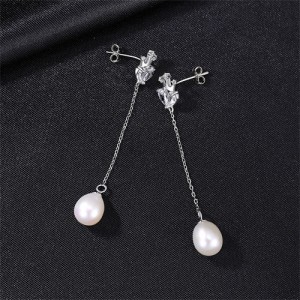 Fine Jewelry Long Style Natural Pearl Dangle Cubic Zirconia Wholesale Fashion 925 Sterling Silver Earrings