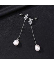 Fine Jewelry Long Style Natural Pearl Dangle Cubic Zirconia Wholesale Fashion 925 Sterling Silver Earrings