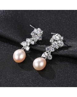 Fine Jewelry Natural Pearl Dangle Cubic Zirconia Leaves Design Wholesale Fashion 925 Sterling Silver Earrings - Pink