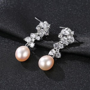 Fine Jewelry Natural Pearl Dangle Cubic Zirconia Leaves Design Wholesale Fashion 925 Sterling Silver Earrings - Pink