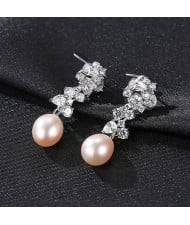 Fine Jewelry Natural Pearl Dangle Cubic Zirconia Leaves Design Wholesale Fashion 925 Sterling Silver Earrings - Pink