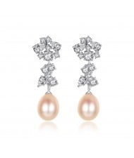 Fine Jewelry Natural Pearl Dangle Cubic Zirconia Leaves Design Wholesale Fashion 925 Sterling Silver Earrings - Pink