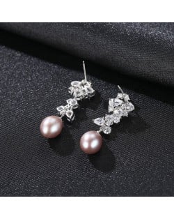 Fine Jewelry Natural Pearl Dangle Cubic Zirconia Leaves Design Wholesale Fashion 925 Sterling Silver Earrings - Purple