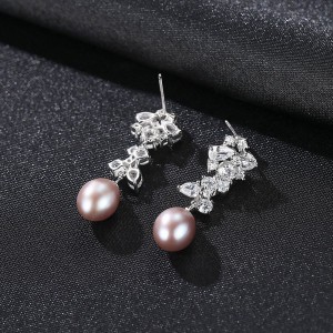 Fine Jewelry Natural Pearl Dangle Cubic Zirconia Leaves Design Wholesale Fashion 925 Sterling Silver Earrings - Purple
