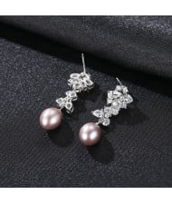 Fine Jewelry Natural Pearl Dangle Cubic Zirconia Leaves Design Wholesale Fashion 925 Sterling Silver Earrings - Purple