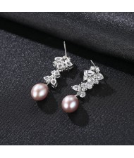 Fine Jewelry Natural Pearl Dangle Cubic Zirconia Leaves Design Wholesale Fashion 925 Sterling Silver Earrings - Purple