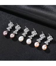 Fine Jewelry Natural Pearl Dangle Cubic Zirconia Leaves Design Wholesale Fashion 925 Sterling Silver Earrings - Purple