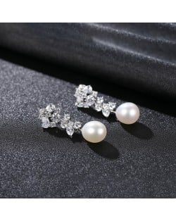 Fine Jewelry Natural Pearl Dangle Cubic Zirconia Leaves Design Wholesale Fashion 925 Sterling Silver Earrings - White