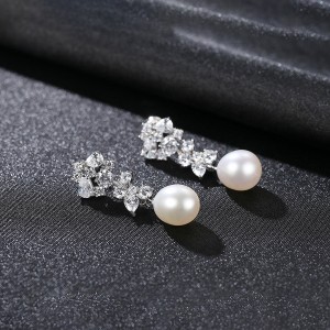 Fine Jewelry Natural Pearl Dangle Cubic Zirconia Leaves Design Wholesale Fashion 925 Sterling Silver Earrings - White