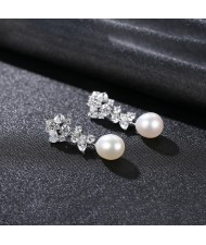 Fine Jewelry Natural Pearl Dangle Cubic Zirconia Leaves Design Wholesale Fashion 925 Sterling Silver Earrings - White