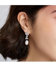 Fine Jewelry Natural Pearl Dangle Cubic Zirconia Leaves Design Wholesale Fashion 925 Sterling Silver Earrings - White