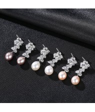Fine Jewelry Natural Pearl Dangle Cubic Zirconia Leaves Design Wholesale Fashion 925 Sterling Silver Earrings - White