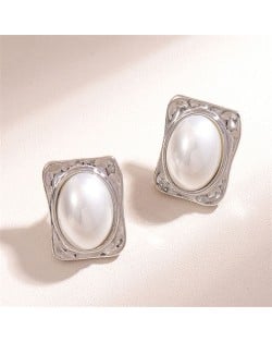 Graceful Pearl Fashion Square Shape Korean Wholesale Women Stud Earrings - Silver